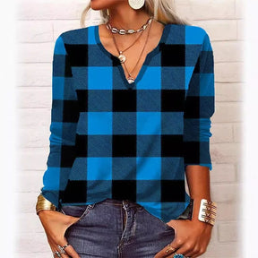 Plaid Top V-neck Loose Long Sleeve Shirt