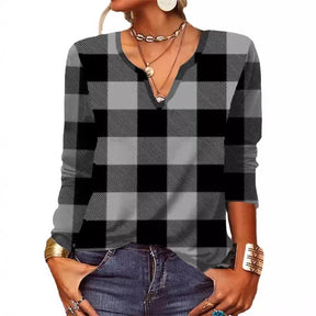 Plaid Top V-neck Loose Long Sleeve Shirt