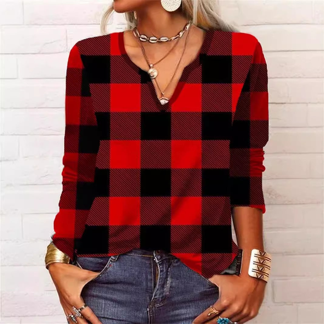 Plaid Top V-neck Loose Long Sleeve Shirt