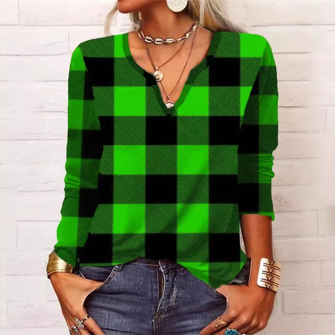 Plaid Top V-neck Loose Long Sleeve Shirt