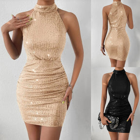 Halter Pleated Sequins Tight Dress