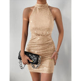 Halter Pleated Sequins Tight Dress