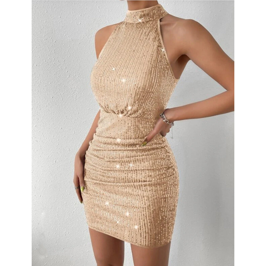 Halter Pleated Sequins Tight Dress